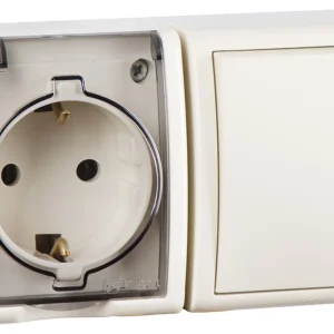 Simon 15 Aqua Бежевый Блок: Розетка 2P+E Schuko 16А 250В + выключатель 10А 250В, IP54