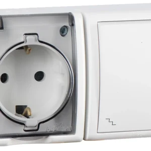 Simon 15 Aqua Белый Блок: Розетка 2P+E Schuko 16А 250В + выключатель проходной 10А 250В, IP54