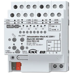 JUNG KNX Актор жалюзи 4-х канальный 220V AC 12-24V DC 6А возм ручн упр DIN-рейка