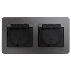 Systeme Electric Glossa Графит Розетка 2-ая с/з, со шторками, в сборе, IP44